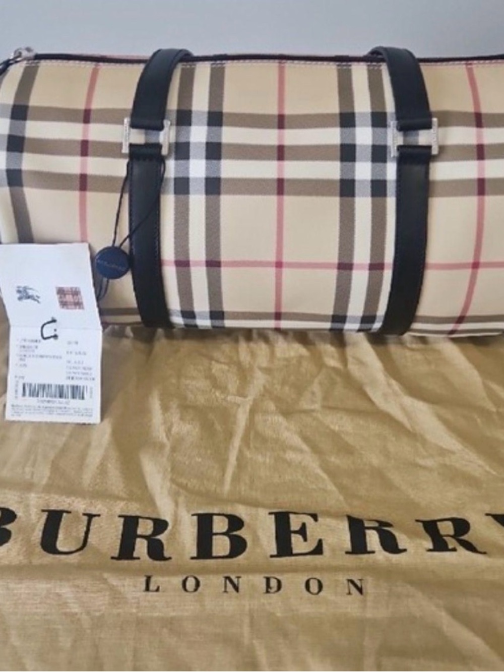 Authentic Burberry Beige Vintage Check Barrel Bag - Black Straps